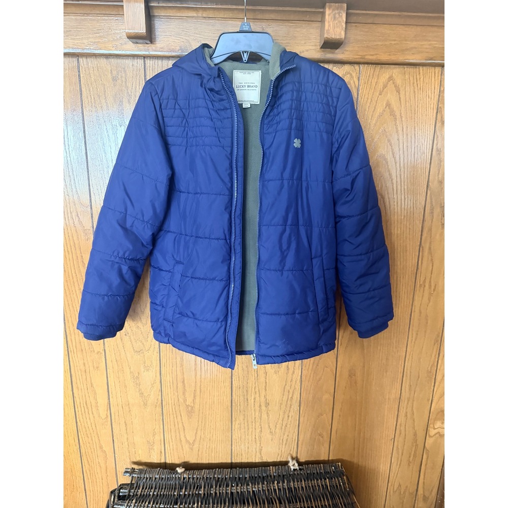 Lucky Brand Boys Blue Quilted Puffer Jacket Hooded Fleece Lined Size Large L